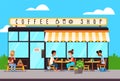 Coffee shop exterior. People relax in a cafe.