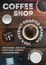 Coffee shop flyer template on vintage wood texture background. Advertising invitation in brochures, posters, banner, leaflet. Royalty Free Stock Photo