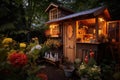 Coffee shop in the garden at night with beautiful light. An atmospheric image of a serene, cozy backyard chicken coop, with a warm