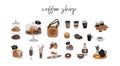 Coffee shop hand drawn collection . Cartoon constructor set. Small business, coffee pots, dessert sweets, pancakes