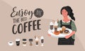 Coffee shop hand drawn collection . Cartoon woman waitress character hold tray with various coffee pots. Handwritten Royalty Free Stock Photo