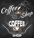 Coffee shop icon isolated on chalkboard. Sketch drawing hands holding a cappuccino, line art barista making latte art