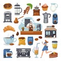 Coffee shop icons and coffee maker machine, coffegrinder, barista, mug elements for cafe, set of isolated vector Royalty Free Stock Photo