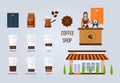 Coffee shop illustration design elements. Young shop assistant serving a cup of coffee. Coffee flat collection drink.