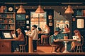 Coffee shop interior with people drinking coffee, vector illustration.