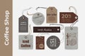 Coffee shop label and tag on rope set vector illustration gourmet caffeine hot, ice beverage grains