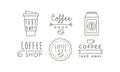 Coffee shop line icons set, takeaway coffee cup, labels and badges vector Illustration on a white background Royalty Free Stock Photo