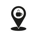 Coffee shop location pin. Hot beverage map marker. Vector cafe GPS icon. Royalty Free Stock Photo