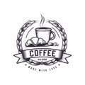 Hot Coffee and Croissant retro illustration, Vintage Logo for a coffee shop with coffee beans next to it. Morning breakfast drawin Royalty Free Stock Photo