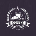 Hot Coffee and Croissant retro illustration, Vintage Logo for a coffee shop with coffee beans next to it. Morning breakfast drawin Royalty Free Stock Photo