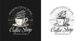 Coffee shop logo and emblem. Cup of drink. Latte or cappuccino or espresso. Vintage retro badge. Hand Drawn engraved Royalty Free Stock Photo