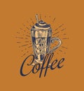 Coffee shop logo and emblem. Cup of drink. Vintage retro badges set. Hand Drawn engraved sketch. Templates for t-shirts Royalty Free Stock Photo