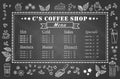 Coffee Shop Menu Handwritten on Chalkboard for Cafe flyer banner poster in the landscape with different drinks desserts cake pie