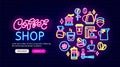 Coffee shop neon banner. Bright flyer. Circle barista professional devices icons. Vector stock illustration