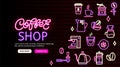 Coffee shop neon banner. Bright promotion. Barista professional devices icons. Vector stock illustration