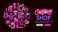 Coffee shop neon banner. Bright promotion. Circle barista professional devices icons. Vector stock illustration