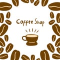 Coffee shop poster background with cup and brown coffee beans isolated on white background Royalty Free Stock Photo