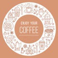 Coffee shop poster template. Vector line illustration of coffeemaking equipment. Elements espresso cup, french press