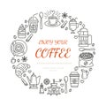 Coffee shop poster template. Vector line illustration of coffeemaking equipment. Elements - espresso cup, french press Royalty Free Stock Photo