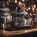 A coffee shop scene with a barista grinding coffee beans and espresso machine steam2