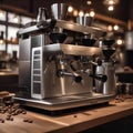 A coffee shop scene with a barista grinding coffee beans and espresso machine steam1