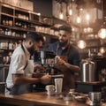 A coffee shop scene with a barista grinding coffee beans and espresso machine steam4