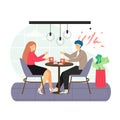 Coffee shop scene. Happy couple in love drinking coffee, talking to each other sitting at table flat vector illustration Royalty Free Stock Photo