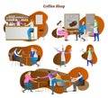 Coffee shop scenes vector illustration collection set. Waiter and waitress serving latte, espresso and cappuccino to customer.