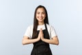 Coffee shop, small business and startup concept. Young smiling asian female cafe employee, staff at restaurant hope