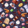 Coffee shop vector seamless black pattern. Cartoon flat illustration. Textile print background design elements