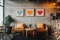 A coffee shop with three wall frames, each frame containing one colorful heart-shaped artwork Ai photo Royalty Free Stock Photo