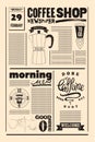 Coffee Shop typographical vintage newspaper style poster or template of menu. Retro illustration. Royalty Free Stock Photo