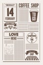 Coffee Shop typographical vintage newspaper style poster or template of menu for Valentine`s Day. Retro vector illustration. Royalty Free Stock Photo