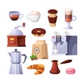 Coffee shop vector isolated icons. Cafe or restaurant breakfast menu design elements.
