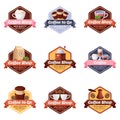 Coffee shop vector logo, label, sticker, emblem set. Cafe or restaurant breakfast menu isolated design elements.