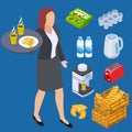 Coffee shop waiter, milk, bread, bakery products isometric vector elements