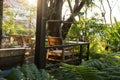 Coffee shop wood chairs and table at patio with garden at sunset Royalty Free Stock Photo