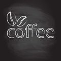 Coffee sign, emblem or label with coffee beans isolated on blackboard texture with chalk rubbed background. Cafe decoration Royalty Free Stock Photo