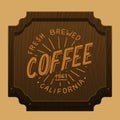 Coffee signboard for cafe or restaurant. engraved hand drawn. morning breakfast. wooden background, top view. design for