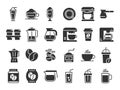 Coffee silhouette icons. Hot drink cup, coffee machine and beans vector pictograms set