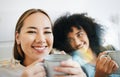 Coffee, smile and portrait of lesbian couple on bed in conversation for bond and relax together. Happy, rest and Royalty Free Stock Photo