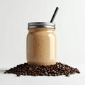 Coffee Smoothie Beverage with Black Straw on Coffee Beans over White Royalty Free Stock Photo