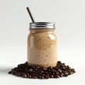 Coffee Smoothie in Glass Jar with Coffee Beans on White Background Royalty Free Stock Photo