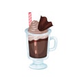 Coffee smoothie with whipped cream and chocolate, refreshment beverage in glass with straw cartoon vector Illustration