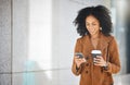 Coffee, social media and black woman relax in a city, happy and smile while walking on building background. Tea, texting