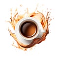 Coffee splash around white coffee cup, isolated on white background, coffee beverage concept, realistic illustration