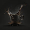 Coffee splash in black ceramic coffee cup, black background, square composition. AI generative illustration, generated by AI