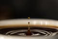 Coffee splash and drop . macro close up brown liquid with smoke