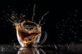 Coffee splash in glass cup on black blackground. ai generated Royalty Free Stock Photo