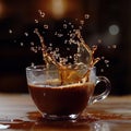 Coffee splash in a glass cup on wood Royalty Free Stock Photo